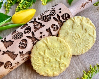 EASTER BUNNIES Embossing Rolling Pin. Laser Cut Dough Roller for Embossed Cookies with Bunnies Pattern by AlgisCrafts