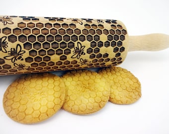 HONEYCOMB Embossing Rolling Pin. Laser Cut Dough Roller for Embossed Cookies with Honey Bee Pattern by AlgisCrafts