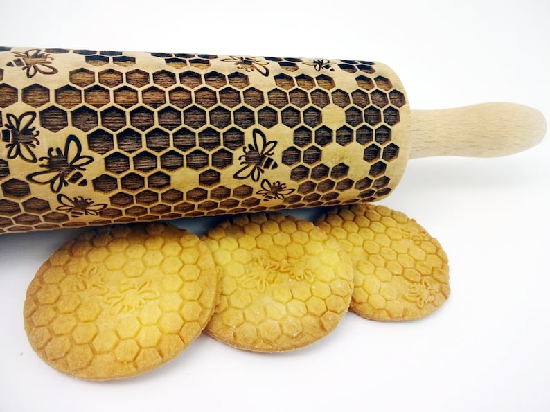 HONEYCOMB Embossing Rolling Pin. Laser Cut Dough Roller for Embossed Cookies with Honey Bee Pattern by AlgisCrafts image 1