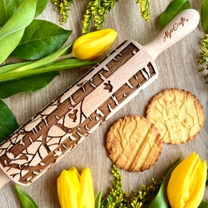 BIRCH  with Cardinals Embossing Rolling Pin. Engraved Dough Roller with Tree for Embossed Cookies by Algis Crafts