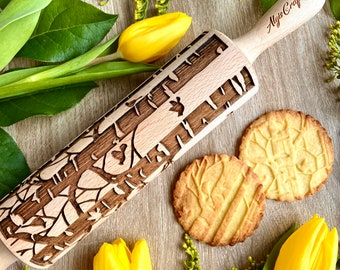 BIRCH  with Cardinals Embossing Rolling Pin. Engraved Dough Roller with Tree for Embossed Cookies by Algis Crafts