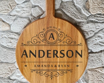 Personalized Family monogram. Large round OAK Cutting Board with handle. Size 12,8'/32cm x 15,3'/42cm. Laser Engraved Custom Birthday Gift.