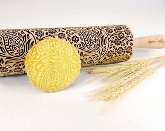 KASHMIR Embossing Rolling Pin. Laser Cut Dough Roller for Embossed Cookies with Small Flowers. Paisley Pattern by AlgisCrafts