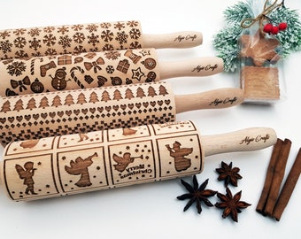 4 CRISTMAS oder ANY Muster Nudelholz SET.  Lasergravierte Präge-Rollenstifte für selbstgemachte Kekse. Wähle deine Muster aus!
