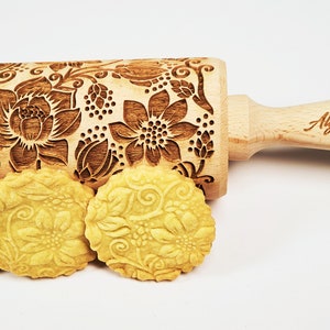 LOTUS Embossing Rolling Pin. Laser Cut Dough Roller for Embossed Cookies with Lotus Flower Pattern by Algis Crafts