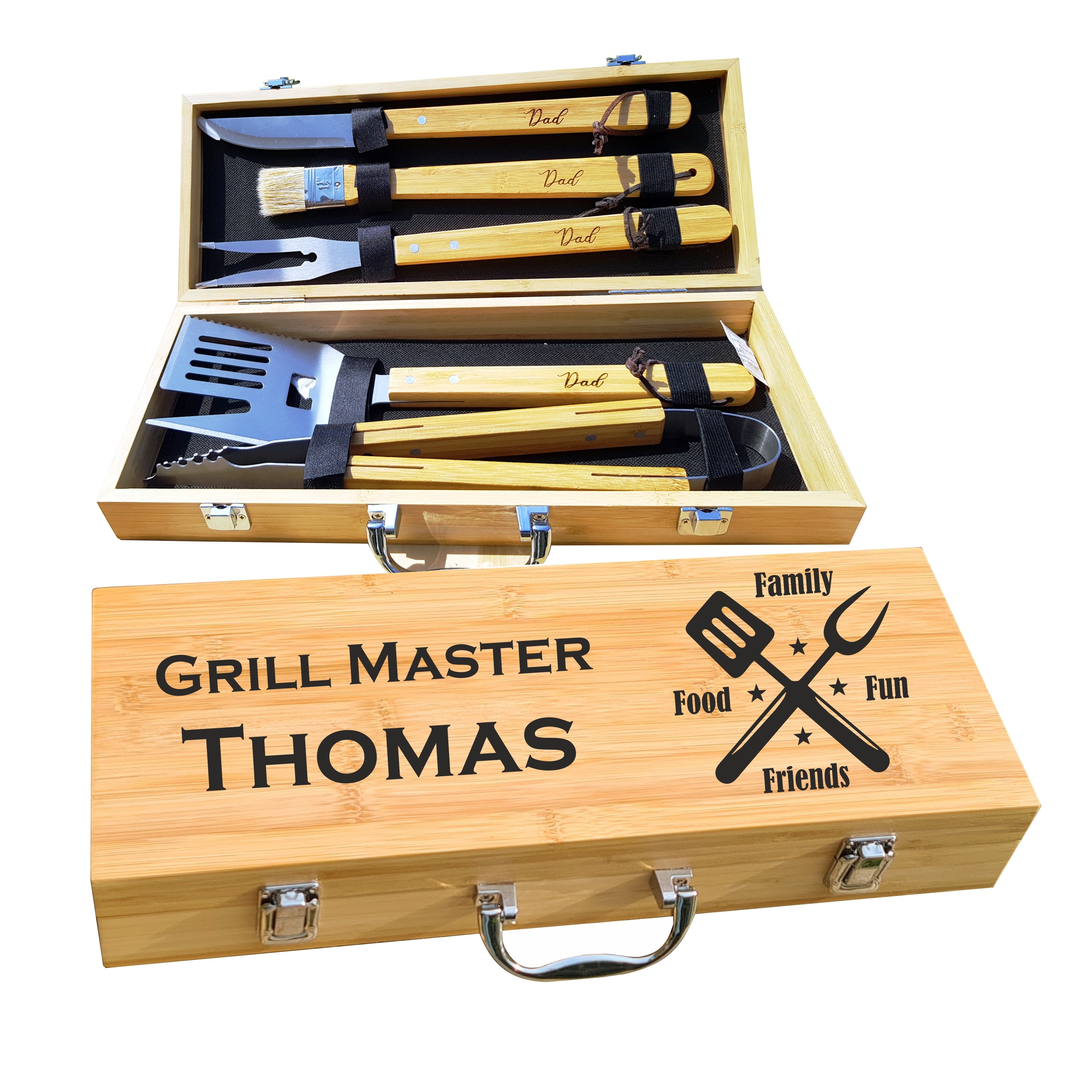 Personalized Barbecue Set with 5 Grilling Accessories- Custom Engraved Grill Master in Natural Bamboo Case Gift for Him by Algis Crafts