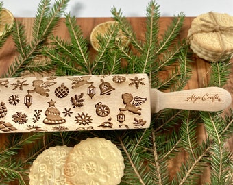 CHRISTMAS GIFTS Embossed Rolling pin. Embossing Rolling Pin for Holiday Decoration. Christmas Gingerbread Cookies. Pattern by AlgisCrafts