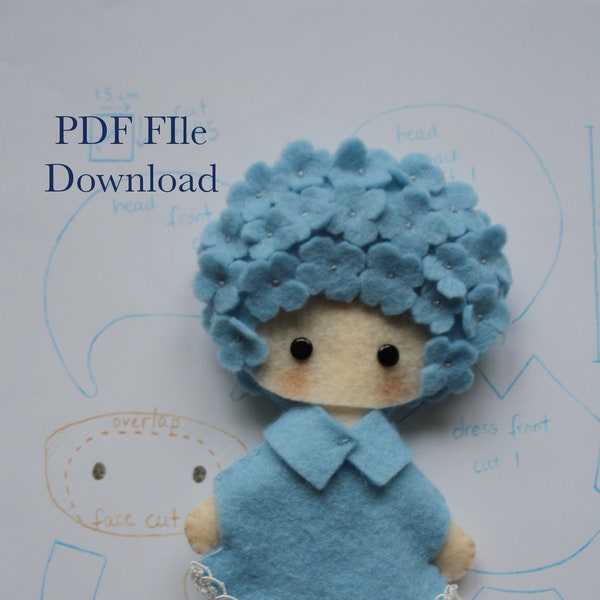Level Easy - PDF Felt Hydrangea Forest Sprite Doll 5"- Felt Doll PDF Pattern, DIY, Soft-Toy