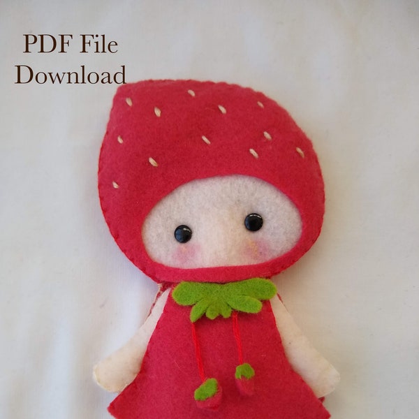 Level Easy - PDF Felt Strawberry  Girl Sprite Doll 5" - PDF Pattern, All Felt, Soft-Toy, DYI