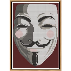 Op de afbeelding: Een zwart-wit kruissteekpatroon van het iconische Anonymous-masker, met een wit gezicht, een zwarte glimlach en een zwarte sik.