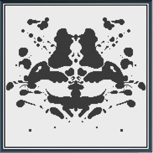 May include: A black and white inkblot image, a classic Rorschach test, often used in psychology to assess personality and thought processes.