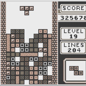 May include: A retro-style video game screen showing a Tetris-like game in progress. The game board is filled with colourful blocks, and the player is trying to fit them together to form complete lines. The score is 325678, the level is 19, and the number of lines cleared is 204. The next piece to be dropped is a long, horizontal block.
