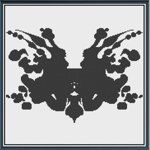 May include: Black and white inkblot image, similar to a Rorschach test, with a symmetrical design.