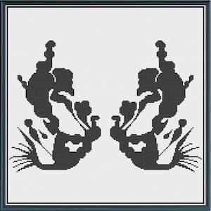 May include: A black and white inkblot image, similar to those used in Rorschach tests. The image is symmetrical and features two abstract shapes that resemble a pair of birds or butterflies.