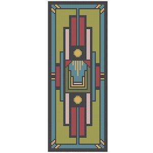 May include: A geometric pattern in shades of green, blue, red, and yellow. The pattern is made up of squares and rectangles, and it is framed by a black border.
