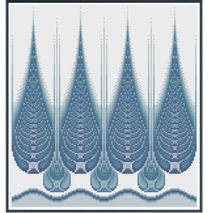 May include: A digital art print featuring a geometric pattern of five blue and white stylized trees with a wave-like base.