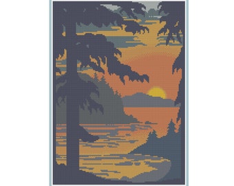 Sunset From Forested Hills - Counted Cross Stitch Pattern (X-Stitch PDF)