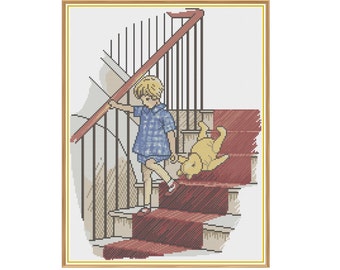 May include: A young boy in a blue and white checkered shirt walks up a carpeted staircase, holding a stuffed bear.