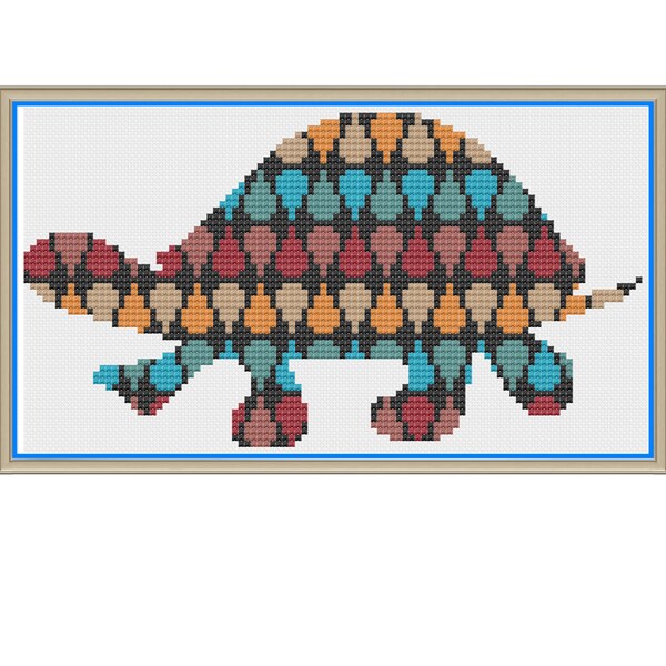 Teardrop Turtle in Teal Tan Tangerine Turquoise Tomato and Terracotta - Counted Cross Stitch Pattern (X-Stitch PDF)