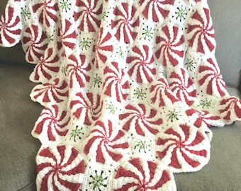 Peppermint Candy Crochet Throw, Holiday Decor (47x55)