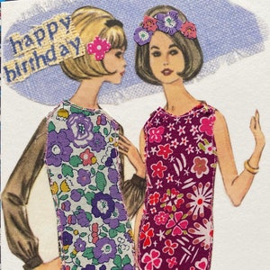 Biglietto di moda anni Sessanta, abito a trapezio Liberty, nostalgia della moda, biglietto di moda retrò, biglietto cucito a mano, biglietto per mamma, biglietto per sorella, compleanno