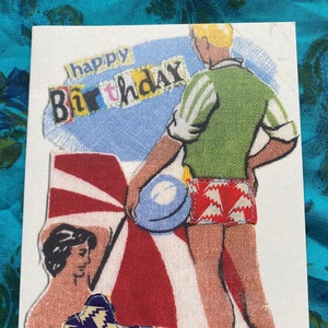 Cartão feito à mão, retrô chique, estampa Liberty, aniversário, praia, trajes de banho, padrão de costura vintage, estilo anos 50/60, casal glamoroso, feriado