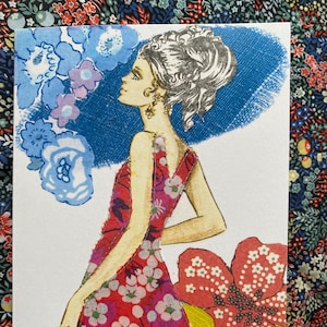 Moda retrô dos anos sessenta, cartão para mãe, cartão de costura para meninas, cartão para gran, vestido vintage, tecido Liberty, mudança dos anos sessenta, cartão elegante e chique