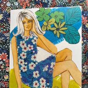 Cartão de moda retrô, vestido estampado Liberty, costurado à mão, costura retrô, cartão em branco para amiga, cartão para mãe, moda dos anos sessenta, cartão de costura