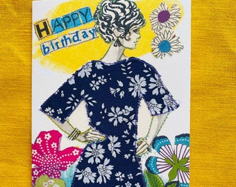 Tarjeta con estampado Liberty hecha a mano: Chica de moda retro de los años sesenta