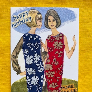 Cartão de moda retrô, feito à mão, padrões de costura vintage, tecido Liberty, cartão para namoradas, cartão de mãe, estilo retrô, peculiar, artesãos, fabricantes