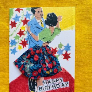 Dançarina dos anos 50, cartão de moda retrô, estilo de aniversário vintage, cartão para mãe, cartão para namoradas, cartão Liberty costurado à mão, costura, artesanato