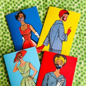 Retro Mode Grußkarten, Vintage Style, Retro Glamour, Liberty Gesichtsmasken, Fifties und Sixties Chic, Karten für Freundinnen, Style