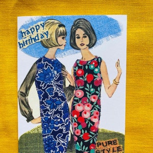 Karta mody lat sześćdziesiątych, sukienka Liberty shift, nostalgia mody, karta mody retro, ręcznie szyta karta, karta dla mamy, karta dla siostry, urodziny