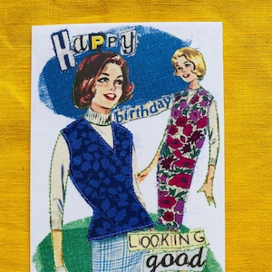 Cartão de moda retrô, aniversário chique, cartão Liberty feito à mão, roupas estilo vintage, cartão para mãe, cartão para gran, cartão de padrão de costura, peculiar