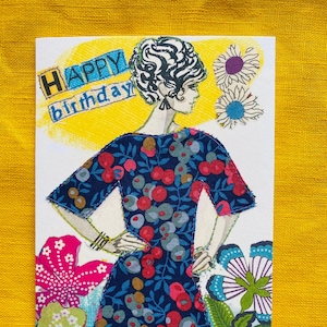Carte d’anniversaire de mode rétro, cousue à la main, motif de couture vintage, tissu Liberty, fifties / sixties, nostalgie, amateurs de style / mode, excentrique