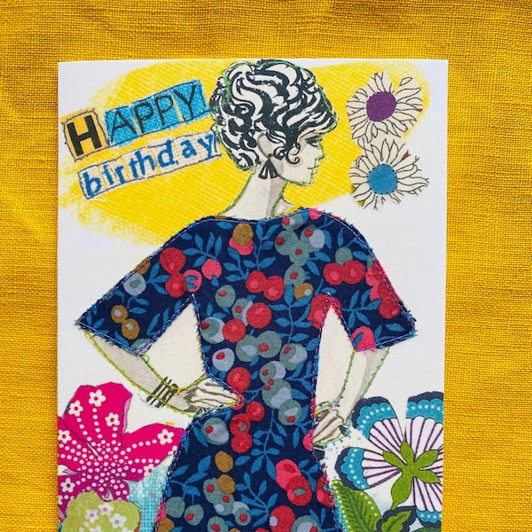 Retro fashion birthday card, hand-sewn, vintage sewing pattern, Liberty fabric, Fifties/Sixties, nostalgia, style/fashion lovers, quirky