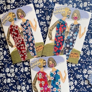 Retro Vintage Modekarte, Sixties Style, schicke Karte für Freundin, Karte für Bastler, Retro Nähmuster, Liberty Print Maske, skurrile