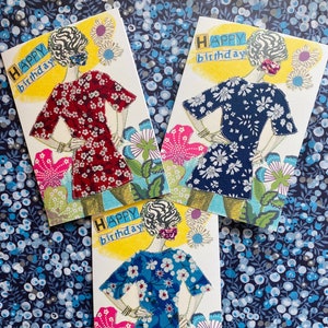 Pacote de três cartões de moda vintage, cartões para mulheres, cartão de aniversário estilo retrô, tecido Liberty costurado à mão, cartão para mãe, divertido