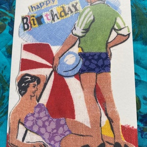 Biglietto fatto a mano, retrò chic, stampa Liberty, compleanno, spiaggia, costumi da bagno, motivo da cucito vintage, stile anni '50/'60, coppia glamour, vacanza