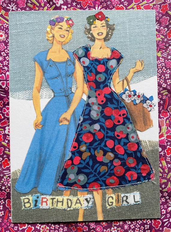Handmade Liberty Fabric Birthday Card: Vintage Fashion Illustration - Etsy