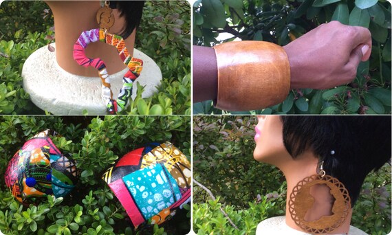 ONE Natural wood stained bangle and matching earrings OR ONE patchwork Ankara covered wood bangle and matching earrings