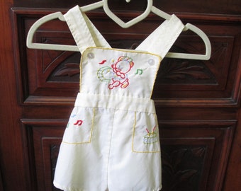 Vintage Baby Yellow Baby Romper With Embroidered Bear Playing Drum  Circa/Bib Shorts/Cradle Togs 70's  #21039