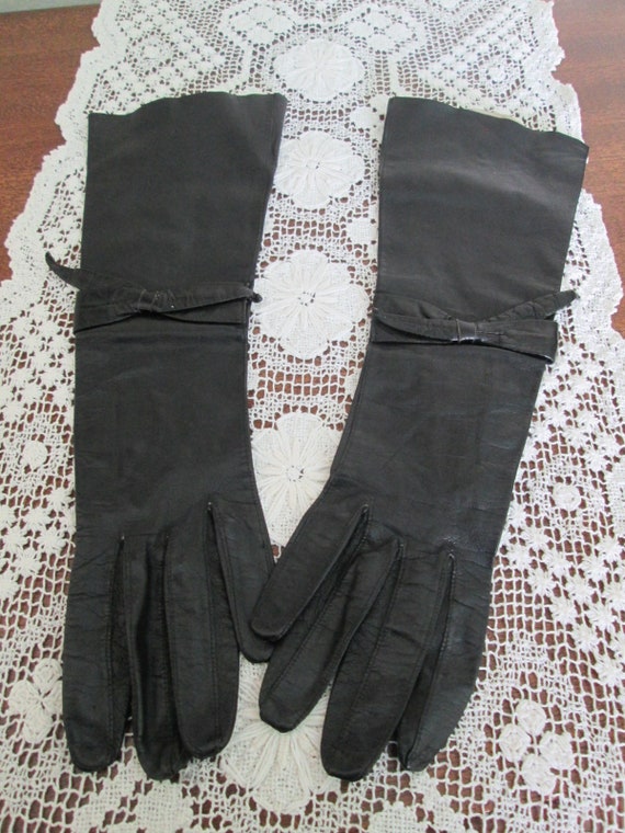 Vintage Black Italian Kid Leather Long Gloves Bow… - image 3