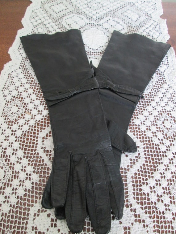 Vintage Black Italian Kid Leather Long Gloves Bow… - image 1