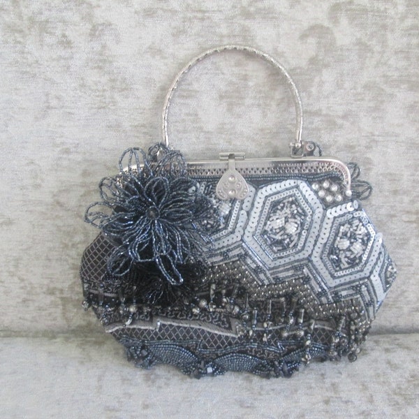 Vintage Chico's Black/Gray Beaded Purse/Evening Purse/Boho Beaded Purse/Fancy Beaded Purse  #19141