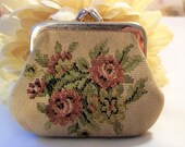 Western Germany Made Small Brocade Coin Purse Pink Roses w Foliage Vintage 1950 39 s Aged Worn Kiss Lock Frame Good Condition