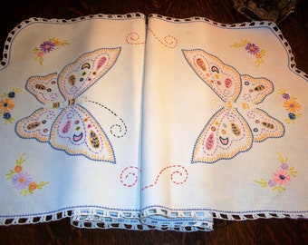 Sweet Embroidered Butterflies Dresser Scarf Table Runner Craft Fabric Embroidery Destash Flowers Yellow Brown Gray Red Shabby Cottage Chic