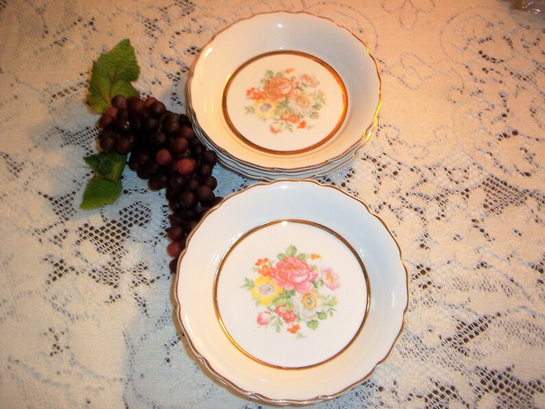 Vintage Canonsburg Pottery Co {6} Lajean Pattern Floral /& Gold Berry Bowls Keystone State Pennsylvania USA Made Good Condition