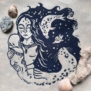 Handmade linocut print - Selkie