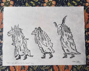 Handmade linocut print - Mari Lwyd, Old Tup and The Broad